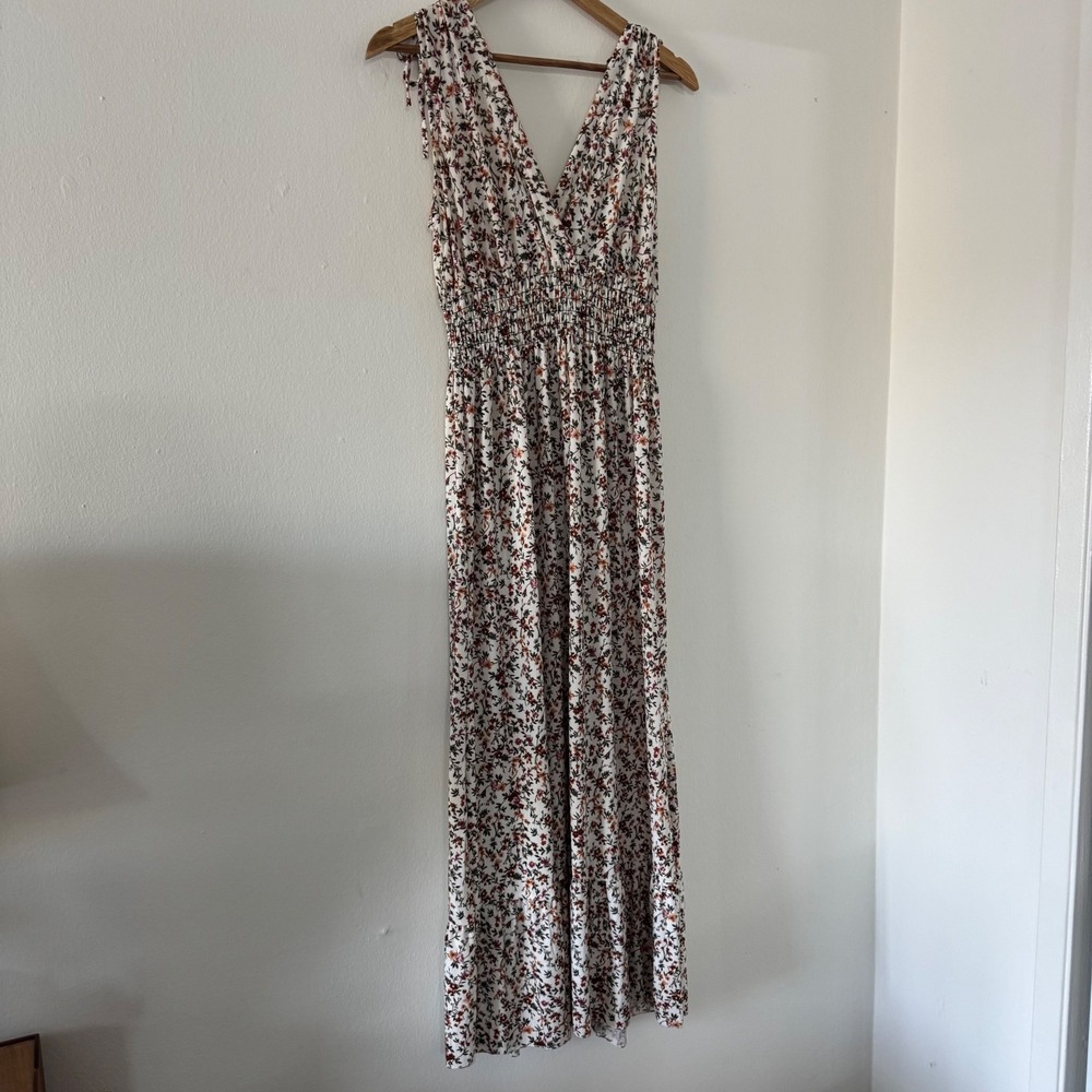 Floral Maxi Dress Women's Small White Smocked Waist Boho Cottage Coquette Summer